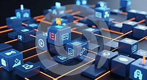 Digital network of connected services and data flow represented by luminous cubes