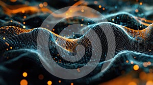 Digital network connecting data particles forming abstract wave structure