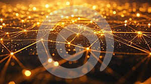 Digital network connecting data points in an abstract golden grid