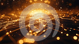 Digital network connecting data points with golden particles