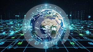 Digital network connecting the Earth with glowing nodes and binary code data streams