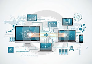 Digital network connecting multiple devices and data flow