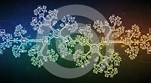 Digital network connection abstract concept with interconnected nodes and data icons on gradient