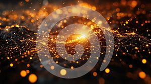 Digital network connection creating abstract technology landscape with illuminating nodes