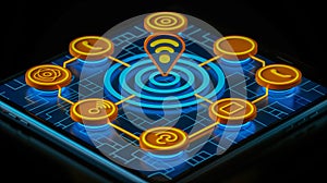 Digital network connection icons on glowing smart device photo