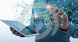 Digital Network Connection Man Touching Data on Tablet