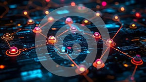 futuristic digital network visualization with glowing nodes and interconnected lines representing data flow and technology concept