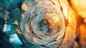 Digital network connections inside glowing abstract data tunnel