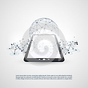 Digital Network Connections, Mobile Technology Background - Cloud Computing Design Concept with Transparent Geometric Wireframe