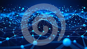 Digital network and data flow visualization with interconnected nodes and abstract geometric shapes