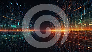 A digital network of data and information, flowing through a virtual world, creating a complex and interconnected web.