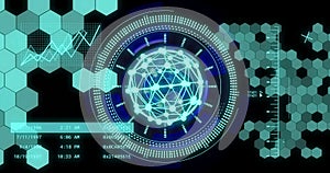 Digital network and data visualization image over futuristic interface with hexagonal patterns