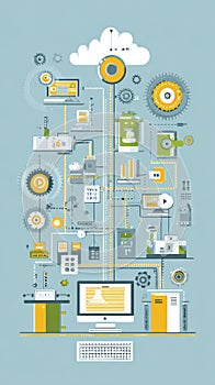 Digital Network Diagram With Cloud Computing Technology And Computer Devices Connected In A Flowchart