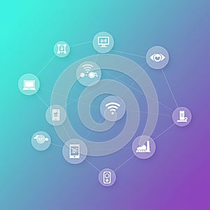 Digital network diagram on a gradient blue and purple background. White icons in