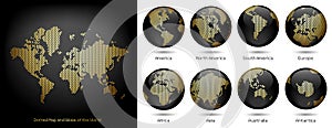 Digital Network - Dotted Gold and Black Map and Globe of the World - Continents - America Europe Asia Africa Australia - Vector ep