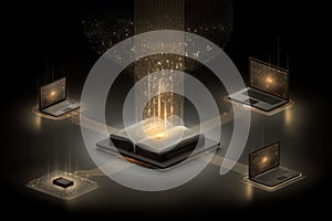 Digital network of glowing laptops and open book sharing knowledge