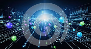 Digital network of glowing spheres and binary code streams with futuristic data visualization in a dark space