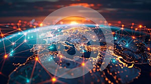 Digital network glows, depicting the interconnectedness of the world