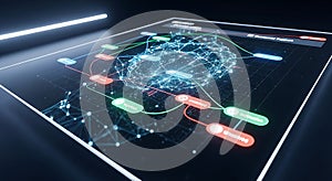 Digital network graph visualization on futuristic interface showing data flow and connections