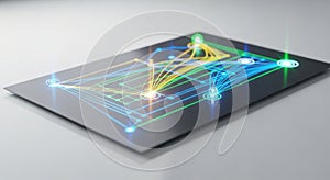 Digital network graphic with interconnected nodes and data flow visualization for technology and data analysis