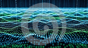 Digital network grid of binary code flowing, abstract technology data visualization background