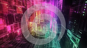 Digital network grid connecting vibrant data blocks