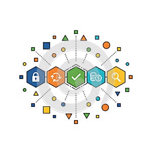 Digital network of hexagonal icons representing security data analysis and search functions