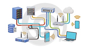 Digital network infrastructure with cloud computing and wireless connectivity illustration
