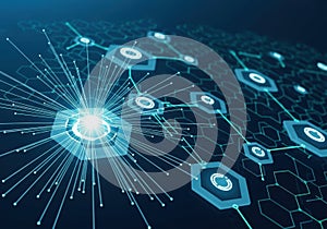 Digital network of interconnected hexagonal nodes and glowing data pathways in futuristic design