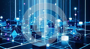 Digital network of interconnected nodes and data pathways in futuristic design