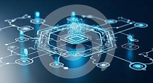 Digital network of interconnected nodes and futuristic data flow visualization