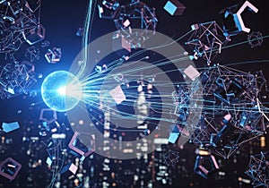 Digital network of interconnected nodes and glowing pathways in futuristic data visualization