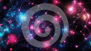 A digital network with interconnected nodes representing data transfer and communication