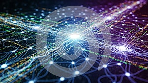 Digital network pattern is depicted featuring interconnected lines and nodes
