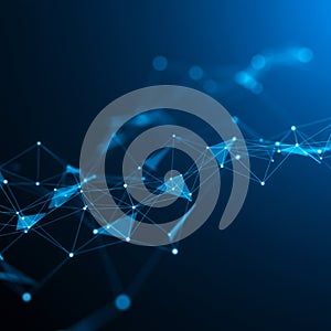 A digital network pattern featuring interconnected lines and nodes, creating a web-like