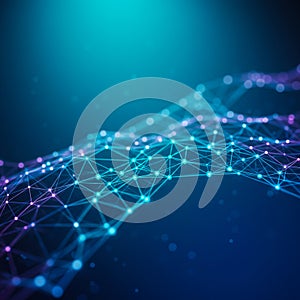 A digital network pattern featuring a mesh of intersecting lines and glowing nodes,