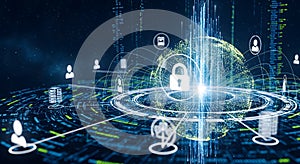 Digital network security and global connectivity visualization with holographic elements