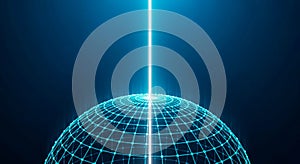 Digital Network Sphere with Glowing Grid and Vertical Light Beam on Dark Blue Background