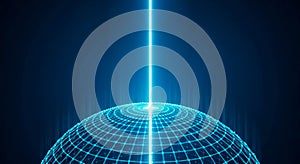 Digital Network Sphere with Glowing Grid and Vertical Light Beam on Dark Blue Background