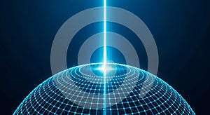 Digital Network Sphere with Glowing Grid and Vertical Light Beam on Dark Blue Background