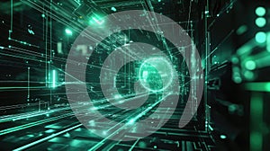 Digital network sphere moving through data tunnel