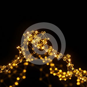 A digital network structure of interconnected nodes and links is rendered in a golden