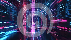 Digital network tunnel with glowing code data lines