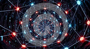 Digital Network Tunnel with Glowing Nodes and Binary Code Data Flow abstract background