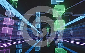 Digital network tunnel with interconnected glowing cubes, data flow structure