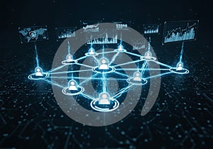 Digital network visualization depicting interconnected nodes with