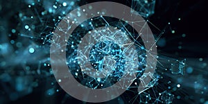 Digital network visualization displaying interconnected data points and geometric shapes in a futuristic design