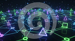 A digital network visualization features interconnected