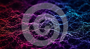 A digital network visualization features interconnected lines forming a mesh of