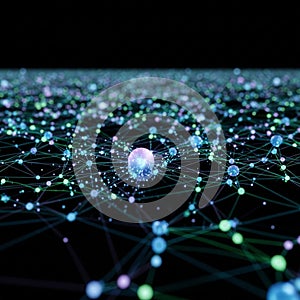 Network visualization features interconnected lines and nodes against a